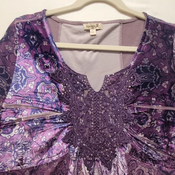 One World Violet Charming Art Purple Paisley Lace Embellished Tunic Top XL - Picture 4 of 15